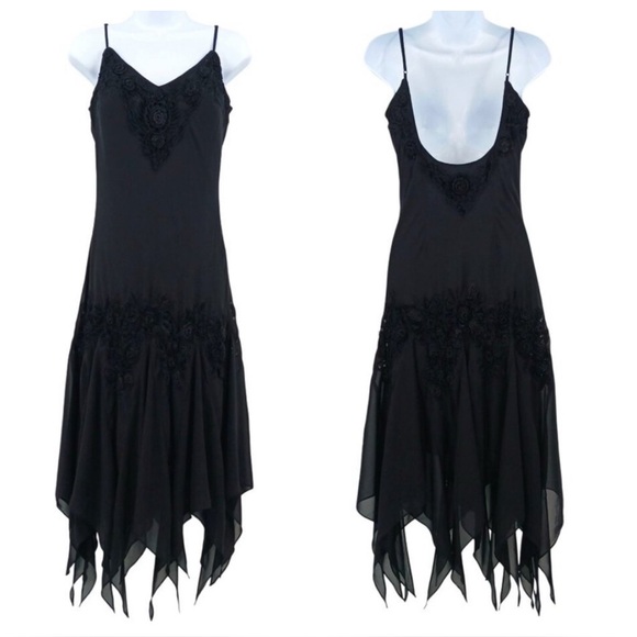 Cachet Dresses & Skirts - Vintage Cachet Y2K Black Handkerchief Hem Midi Dress Crochet Details Size 12